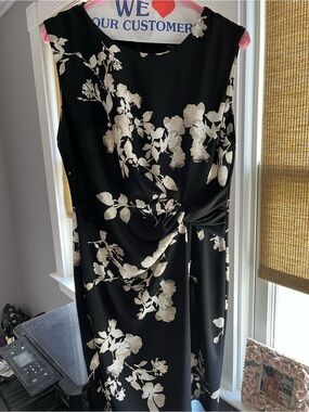 DKNY Black Dress with Ivory Floral Print and Twist Detail